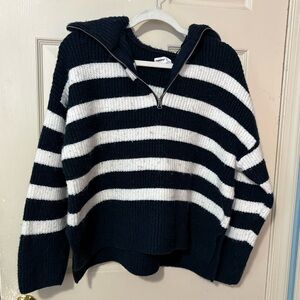Sonoma Navy and White Striped Quarter-Zip Sweater